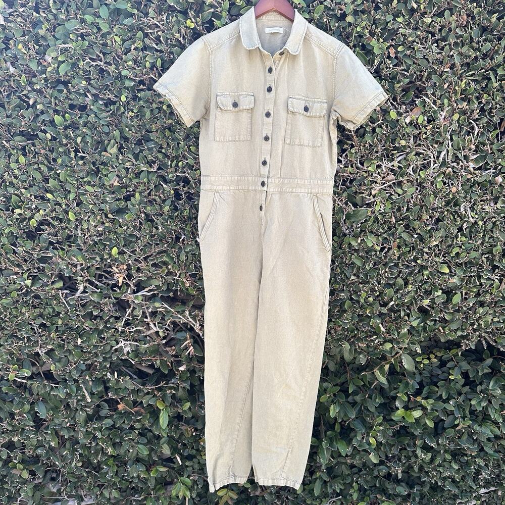 Outerknown S.E.A. Jumpsuit Women M Green Short Sleeve Linen Organic Cotton Retro